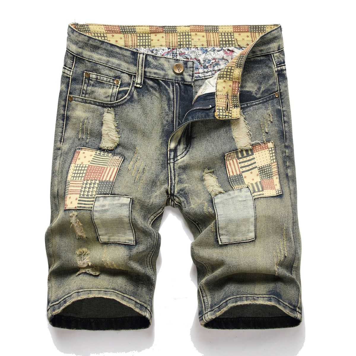Men's Clothing Ripped Patch Denim Shorts Retro Jeans_mkmklike.com