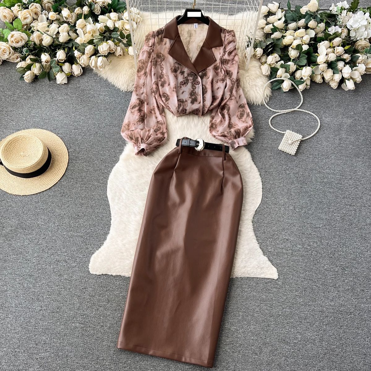 Women's Clothing Hong Kong style chic suit collar floral chiffon shirt high waist tight PU leather skirt female high end outfit two piece suit_mkmklike.com