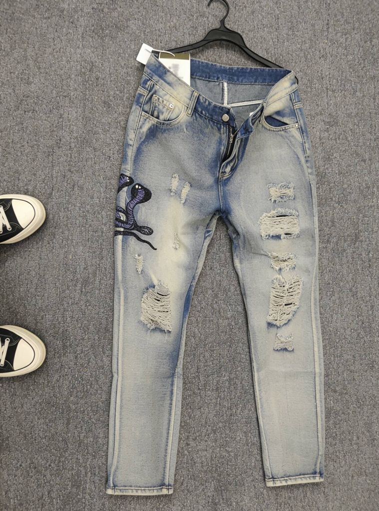 Men's Light Blue Ripped Skinny Serpentine Pattern Jeans Low Waist Slim Fit European Style Trendy Embroidered Long Trousers High Street Fashion_mkmklike.com