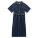 Women's Clothing High End Polo Collar Denim Dress Summer Split Belt Design Niche Temperament Long Skirt_mkmklike.com