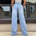 High Waist Comfort Stretch Washed Denim Pants For Women - Straight Leg Casual Trousers With Mid-Rise Elastic Waistband_mkmklike.com