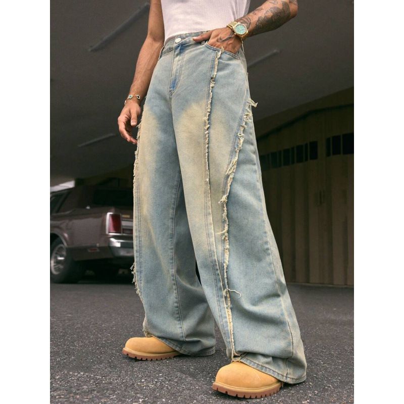 Men's High Street Distressed Raw Hem Washed Denim Jeans - Loose Fit Wide Leg Straight Pants For Streetwear Fashion_mkmklike.com