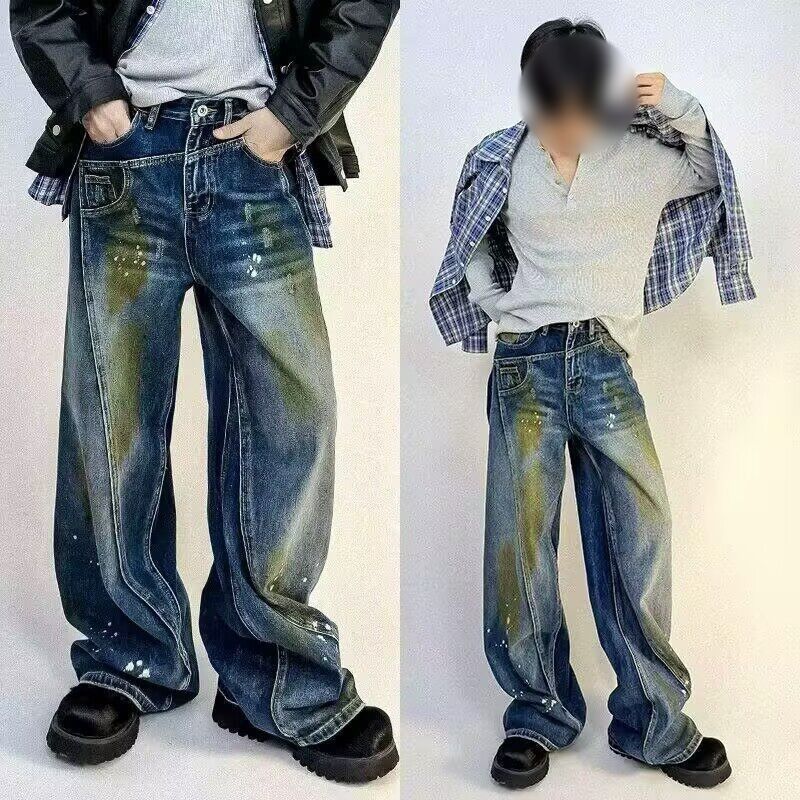 Boys Retro Hip Hop Deconstructed Distressed Ink Straight Jeans mid Waist High Street Style American Pants with Slight Stretch_mkmklike.com
