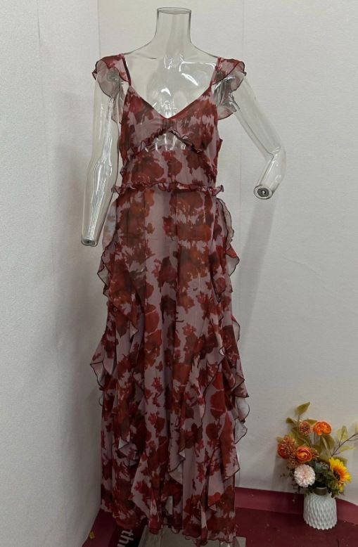 Women's Clothing Fashion Print U-neck Flying Sleeve High Waist Ruffle Long Skirt _mkmklike.com