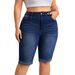 Plus Size Washed Blue Stretch Denim Shorts, Mid Waist Slimming Rolled Up Shorts, Cross Border Wholesale_mkmklike.com