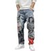 Men's Vintage Washed Distressed Graffiti Print Slim Tapered Jeans - High Street Urban Style Urban Graffiti Art_mkmklike.com