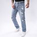 Men's Fashion Ripped Jeans Straight Tube Non Elastic High Street Style Light Blue Men's Pants Versatile For All Seasons Bicycle Ripped Denim Pants_mkmklike.com