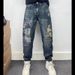Men's Slim Fit Stretch Jeans Patch Embroidered Distressed Casual Trousers High End Retro Style Spring Trend_mkmklike.com