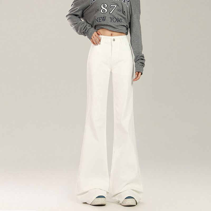 Women's Clothing Korean Style Fleece Lined Wide Leg Flared Jeans Versatile Denim Classic Hot Style For Autumn Winter Regular Fit Solid_mkmklike.com