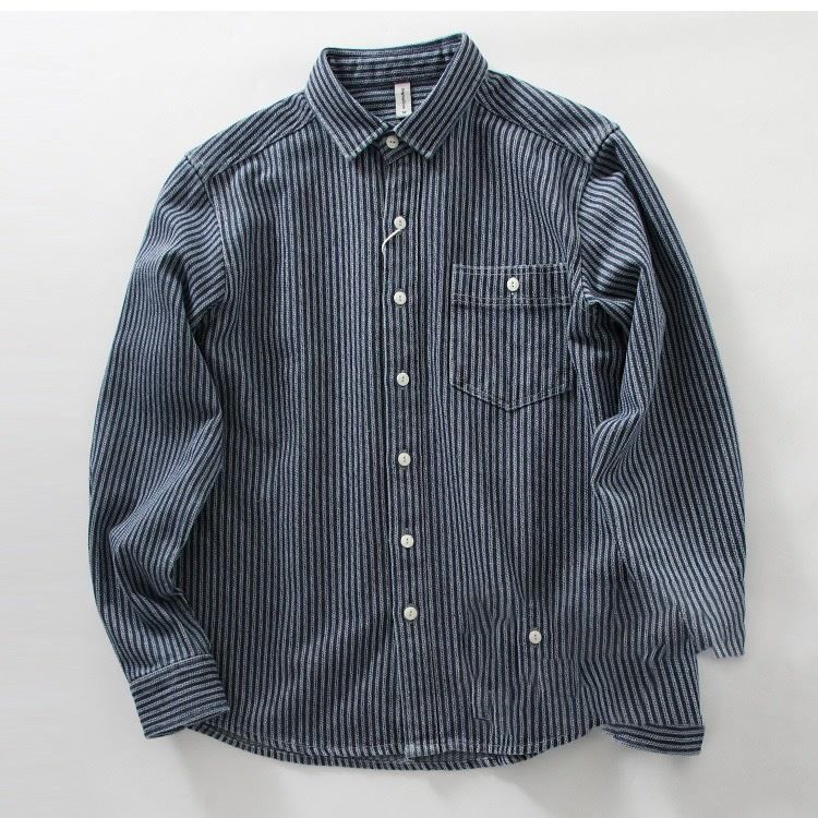 Men's Clothing Striped Shirt Retro Heavy Loose Casual Long Sleeved Work Shirt Jacket_mkmklike.com