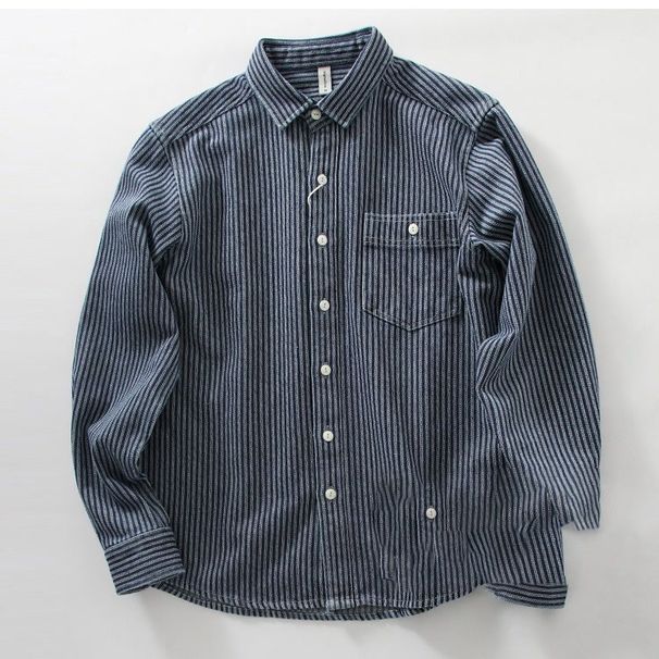 Men's Clothing Striped Shirt Retro Heavy Loose Casual Long Sleeved Work Shirt Jacket_mkmklike.com