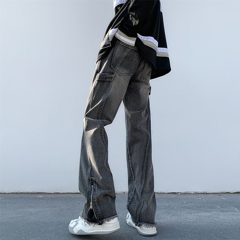 Nordmann American Style Jeans Men Autumn Winter Oveize Vintage High Street Zipper Split Casual Pants Loose Straight Long_mkmklike.com