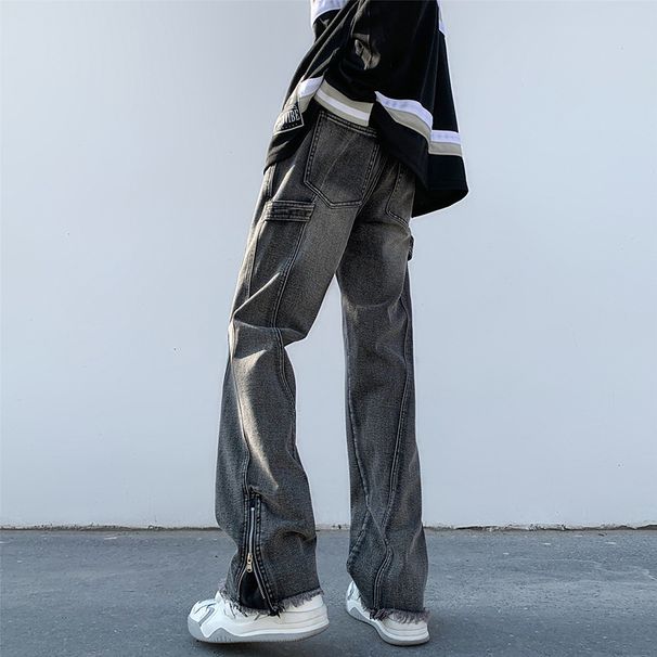 Nordmann American Style Jeans Men Autumn Winter Oveize Vintage High Street Zipper Split Casual Pants Loose Straight Long_mkmklike.com