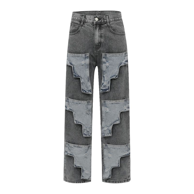 BAGGY JEANS Street Gothic Style Hand Washed Gun Patch Ripped Jeans Men Loose Straight Pants Unisex_mkmklike.com