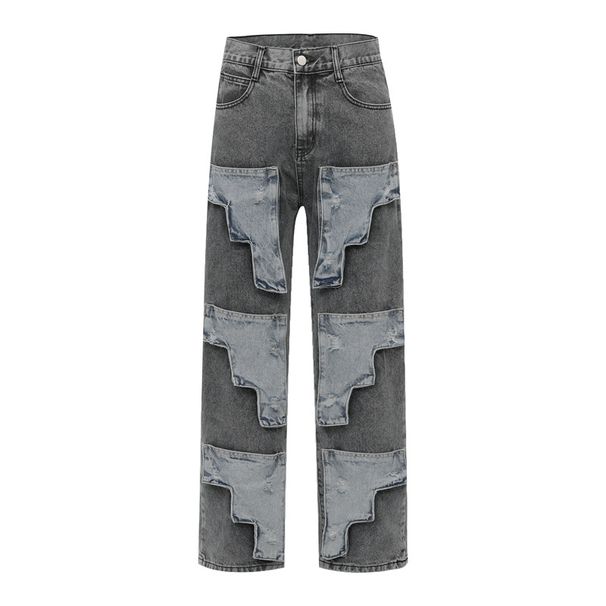 BAGGY JEANS Street Gothic Style Hand Washed Gun Patch Ripped Jeans Men Loose Straight Pants Unisex_mkmklike.com