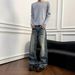 Unisex Casual Straight Leg Denim Jeans mid Waist Distressed Pleated Loose Fitting Long Culottes Blue Zipper Fly Kpop Normcore Minimalist_mkmklike.com