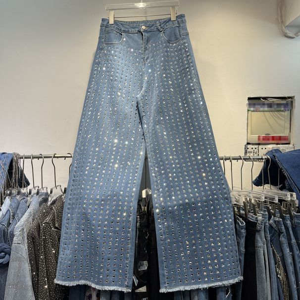 Women's Clothing Same Style Full Of Diamonds Galaxy Denim Wide Leg Straight Leg Slimming And Fashionable Raw Edge Trousers_mkmklike.com