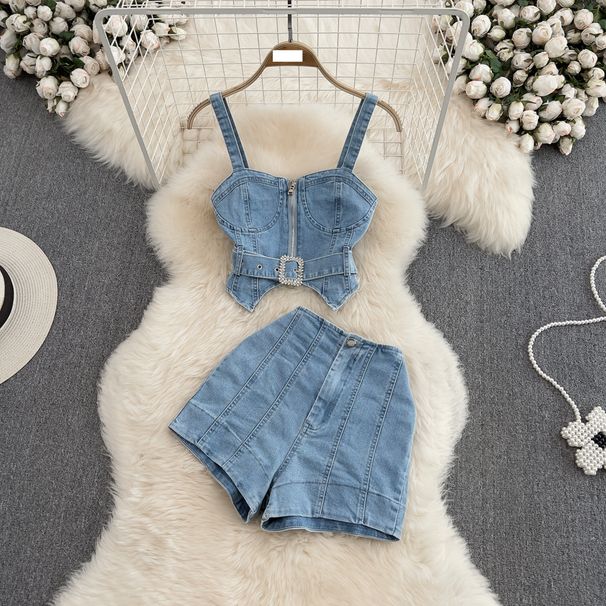 Women's hot girl zipper denim camisole two piece suit denim shorts high waist wide leg a-line hot pants_mkmklike.com