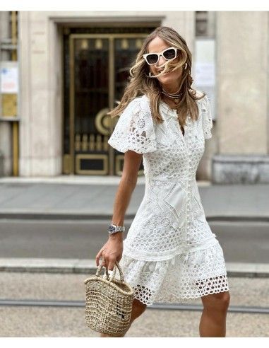Women's lace hip-covering short-sleeved dress_mkmklike.com