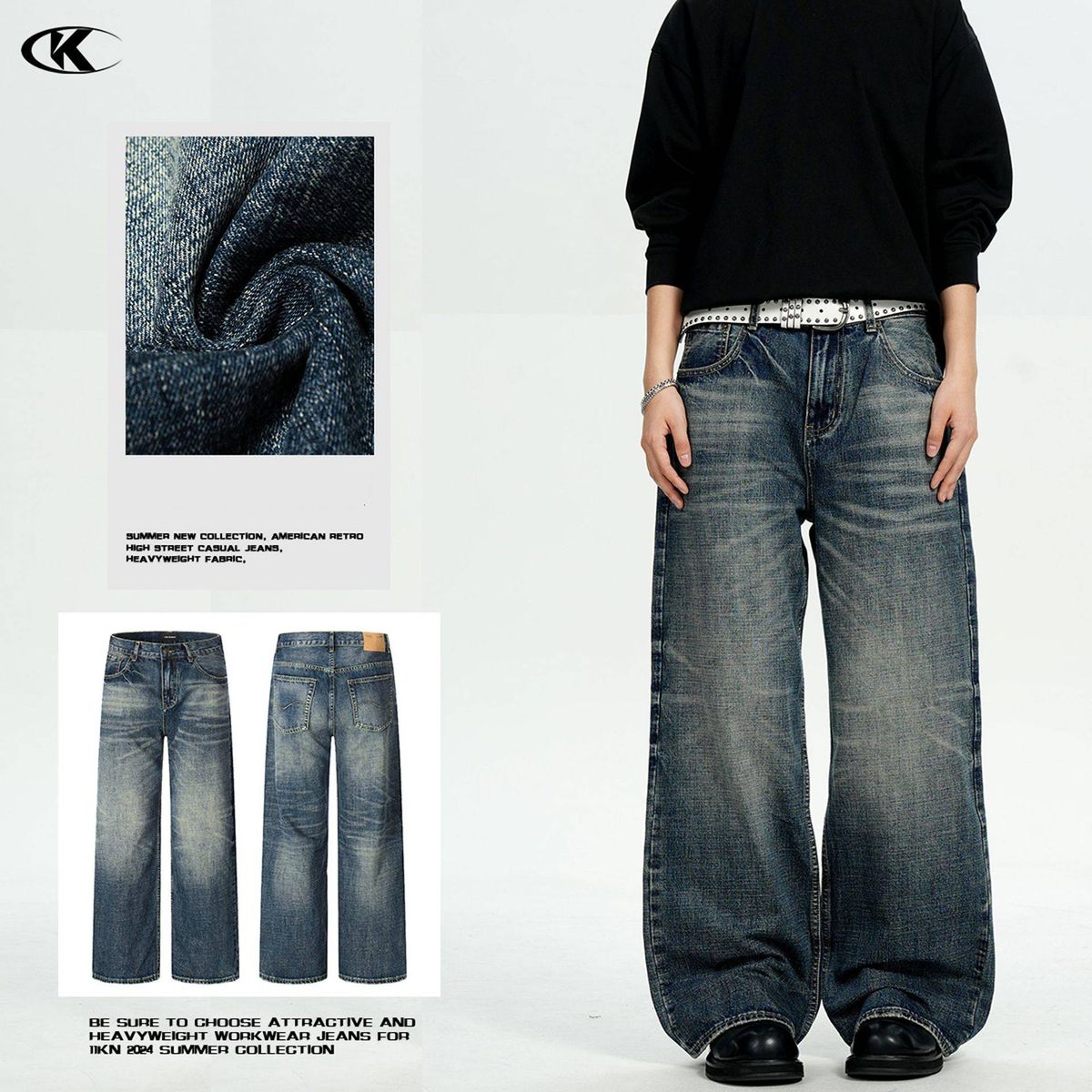 Men's Clothing Vintage American Washed Denim Jeans - Relaxed Straight Leg With Cat Whiskers & Distressed Details For Men & Women (Dark Blue)_mkmklike.com