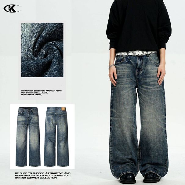 Men's Clothing Vintage American Washed Denim Jeans - Relaxed Straight Leg With Cat Whiskers & Distressed Details For Men & Women (Dark Blue)_mkmklike.com