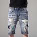 Men's Distressed Denim Shorts With Vintage Print - Comfortable Cotton Casual Streetwear For Summer_mkmklike.com