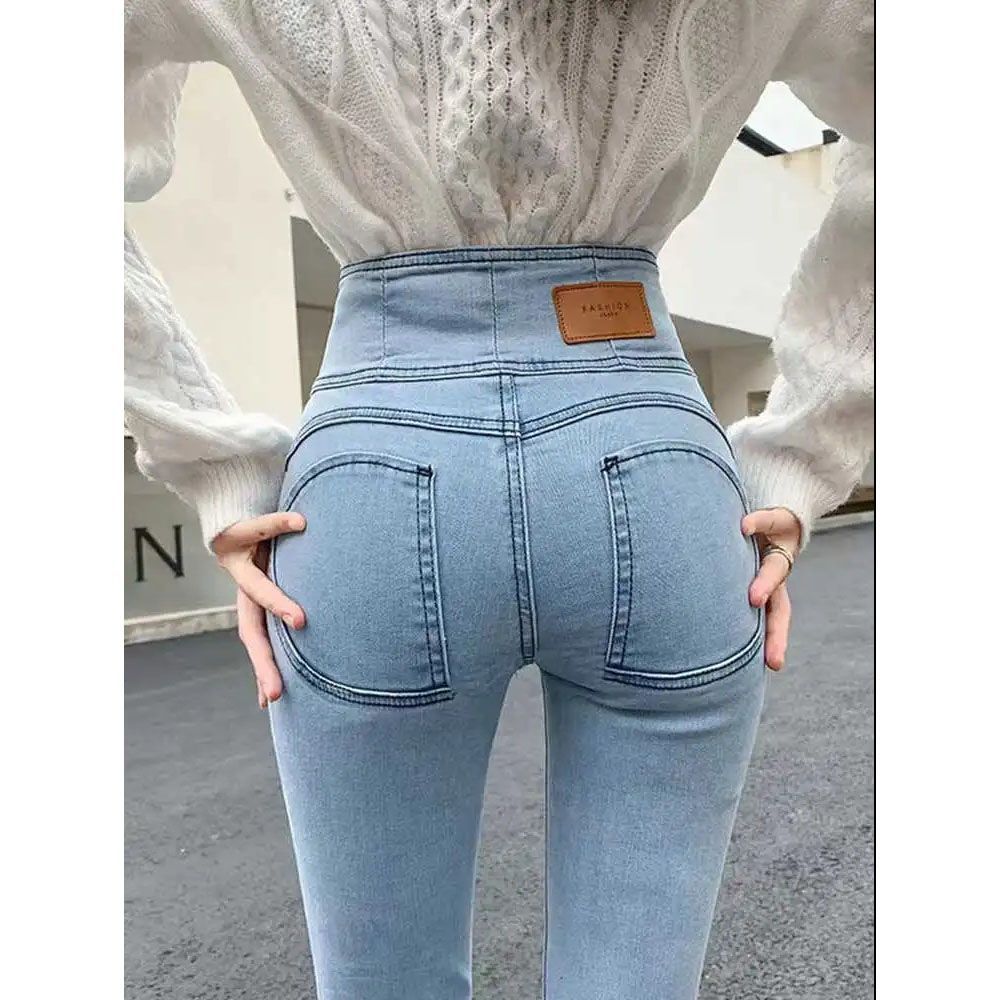 plus Size Slimming Denim Jeans High Waist Elastic Skinny Pencil Pants Peach Hip Design Fleece Lined New Autumn/Winter Style For Women_mkmklike.com