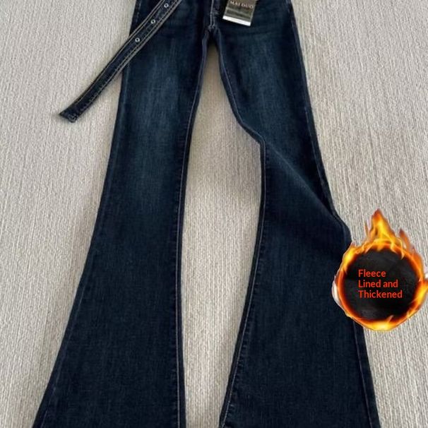 175 Tall Women's Extra-Long American High Street Retro Dark Blue Slim Fit Flared Jeans_mkmklike.com