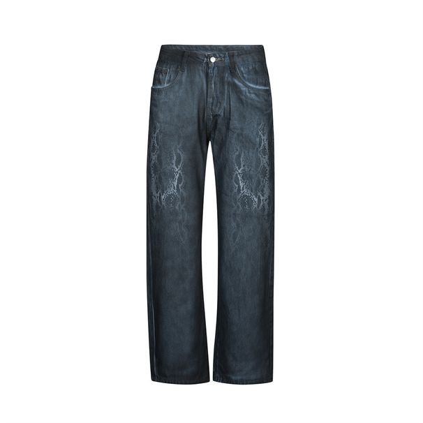 Heavy Industry Spray-Dyed Dirty Denim Men's High Street Punk Wasteland Style Snake Print Vintage Loose Casual Pants_mkmklike.com