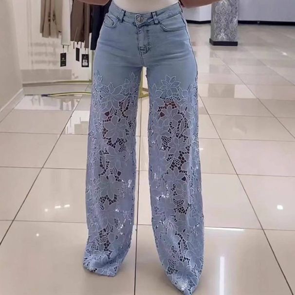 Women's Clothing Summer Wide Leg Pants Trousers Lace Stitching Jeans_mkmklike.com