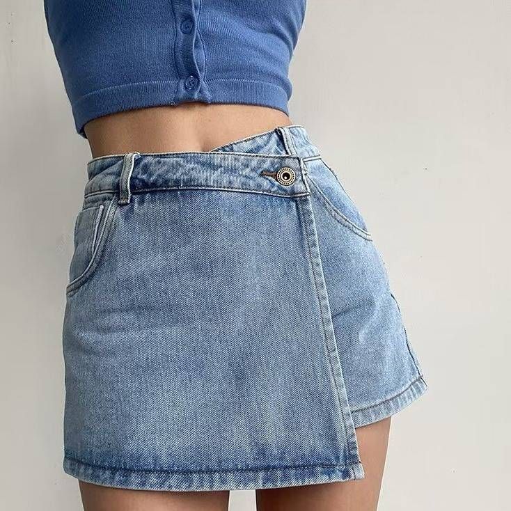 High-Waisted Korean Style Denim Mini Skirt For Women With Side Buckle And Irregular Panel Perfect For Summer_mkmklike.com