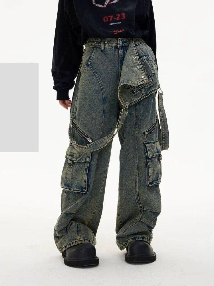 Detachable Retro Washed Overalls Jeans For Men And Women With Multi Pockets Handsome Couple Style_mkmklike.com