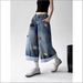 Women's Clothing Women's Distressed Puppy Embroidered Denim Shorts Retro Wide Leg Capri Pants Loose Fit For Spring And Autumn_mkmklike.com