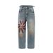 Men's Trendy High Street Style Washed Distressed Printed Graffiti Jeans Loose Straight Leg Wide Leg Pants For Spring Autumn_mkmklike.com