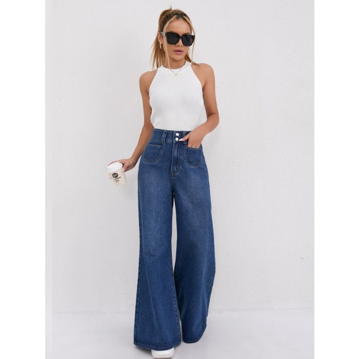 Women's High Waist Flared Jeans - Wide Leg Bootcut Denim Pants With Vintage Wash, Deep Blue_mkmklike.com