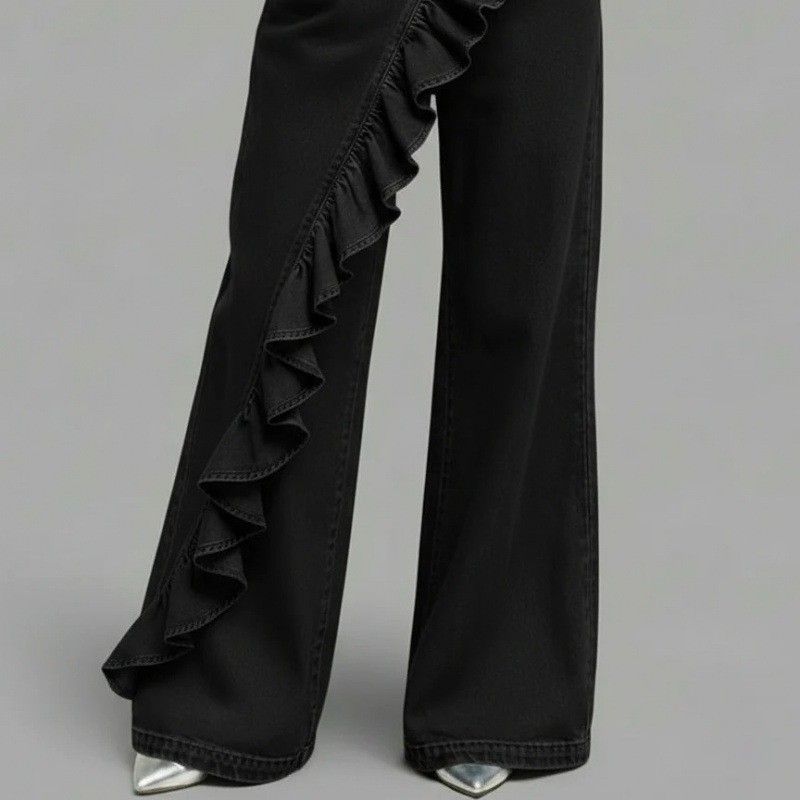 Women's Clothing Spring/Summer Retro Women's Faux Denim Pants Irregular Mid-Waisted High Waist Wide Leg Casual Trousers For Plus Size Ladies_mkmklike.com
