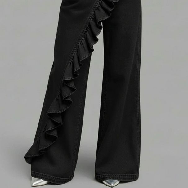 Women's Clothing Spring/Summer Retro Women's Faux Denim Pants Irregular Mid-Waisted High Waist Wide Leg Casual Trousers For Plus Size Ladies_mkmklike.com