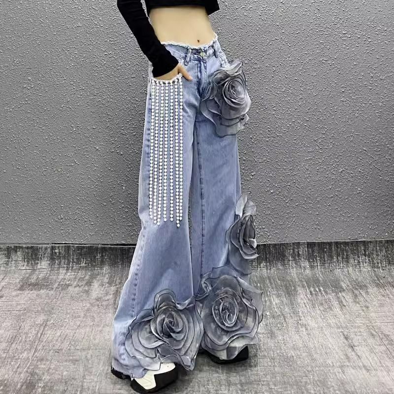 Women's Clothing Floral Embroidered High-Waisted Jeans For Women - Trendy Streetwear Wide-Leg Denim Pants With 3D Flower Details_mkmklike.com