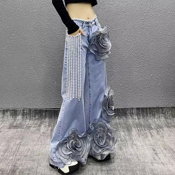 Women's Clothing Floral Embroidered High-Waisted Jeans For Women - Trendy Streetwear Wide-Leg Denim Pants With 3D Flower Details_mkmklike.com