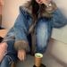Vintage Washed Denim Fur-Trimmed Quilted Jacket - Blue Retro Coat With Cotton Blend For Commuter Chic_mkmklike.com