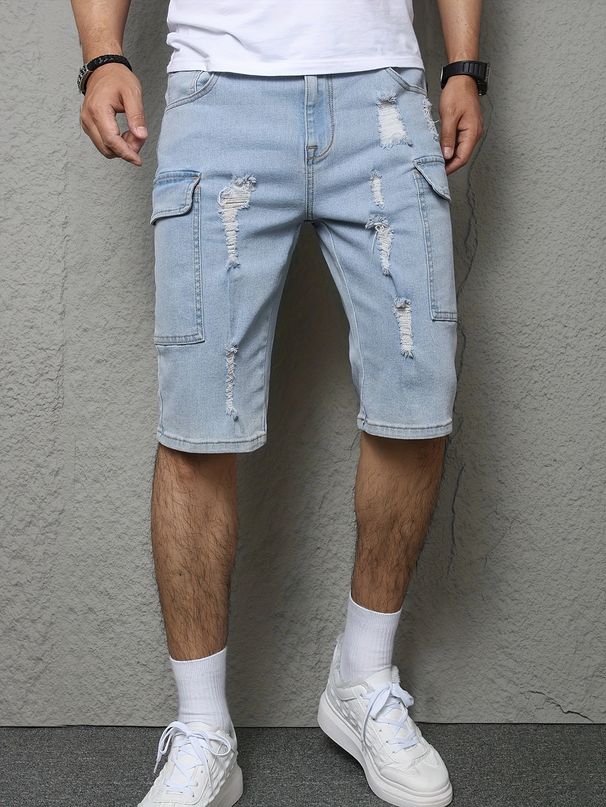 Men's Distressed Denim Shorts – Vintage Workwear Style With Relaxed Fit & Breathable Cotton Blend (5 Sizes, Light Blue)_mkmklike.com