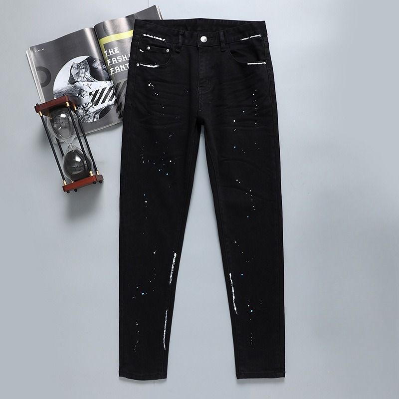 Streetwear Spray-Paint Jeans For Men - Slim Fit Stretch Denim Pants With Washed Finish & Comfortable Tapered Leg_mkmklike.com
