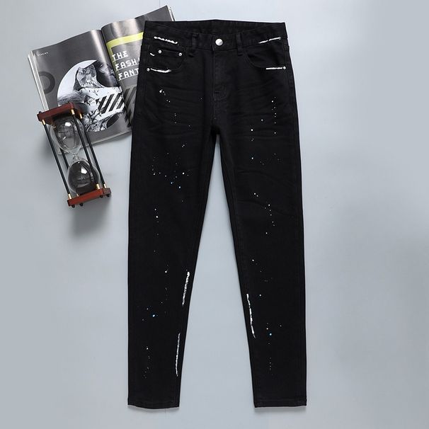 Streetwear Spray-Paint Jeans For Men - Slim Fit Stretch Denim Pants With Washed Finish & Comfortable Tapered Leg_mkmklike.com