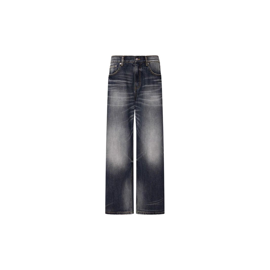 Men's Heavyweight Distressed Jeans – Relaxed Fit Vintage Denim Pants With Cat Whisker Wash (Blue Black)_mkmklike.com