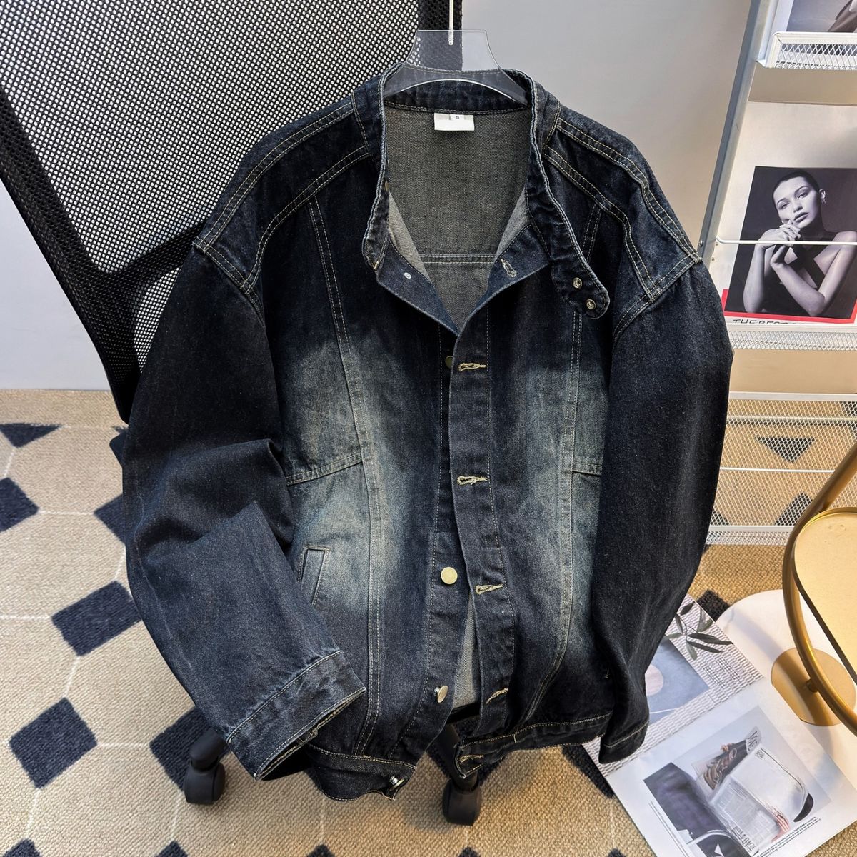 Unisex Japanese Retro Denim Jacket Loose Fit Stand Collar Casual Street Style Spring/Autumn Student Fashion Non-Stretch Denim_mkmklike.com