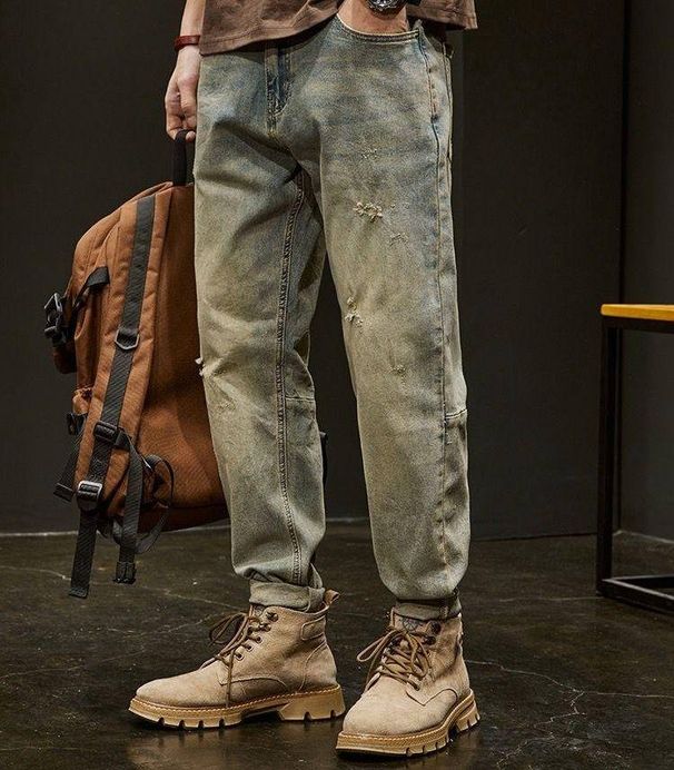 Men's Ripped Jeans Trendy Brand Loose Straight Leg High Street Retro Casual Niche Style Spring Collection_mkmklike.com