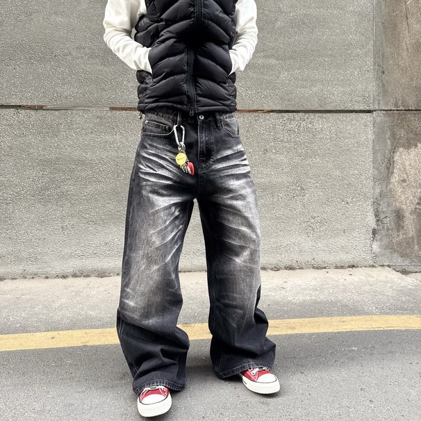 Men's Clothing Unisex Black Washed Straight Leg Jeans Messy Claw Mark Whiskered Clean Fit Pants For Men_mkmklike.com