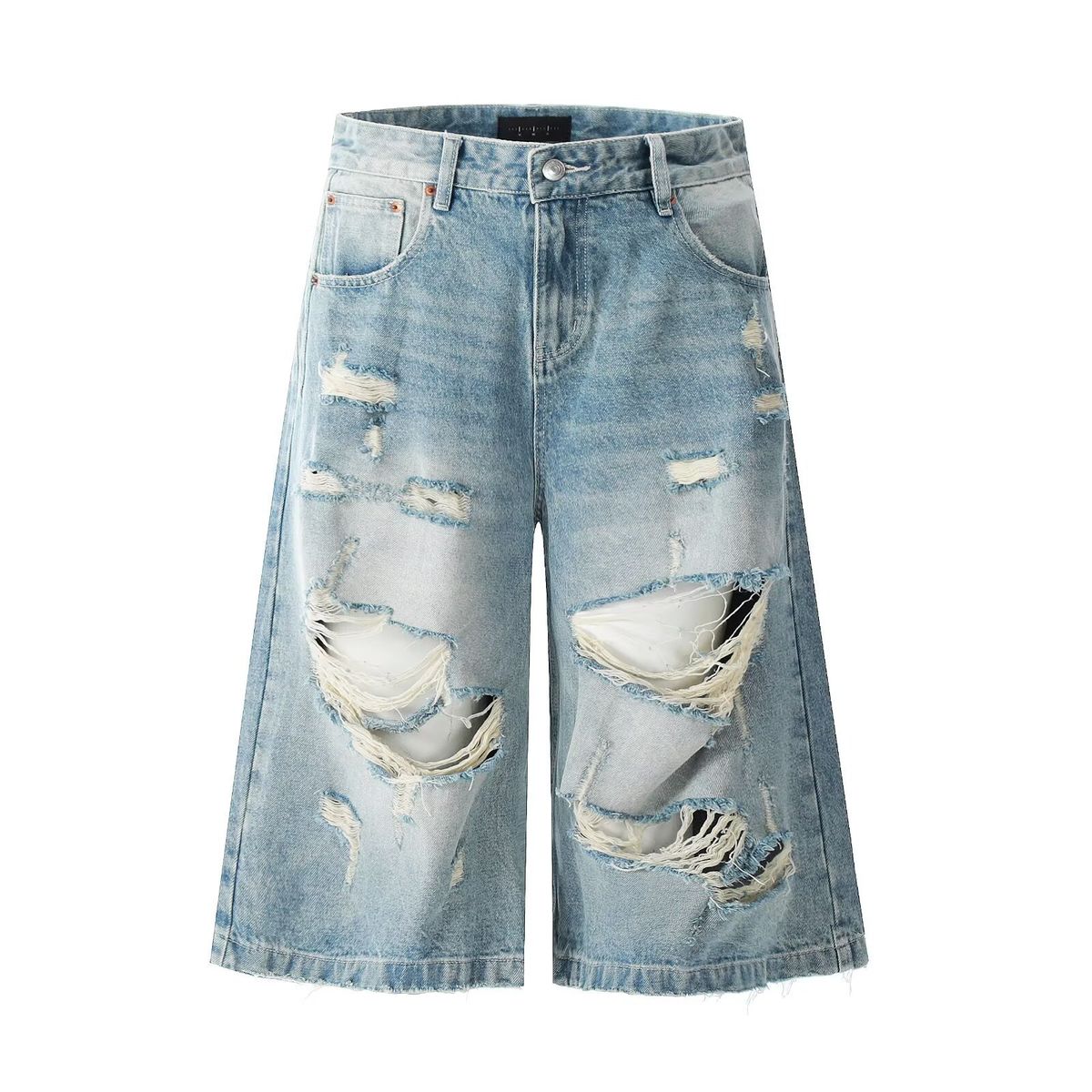 Retro High Street Ripped Denim Capri Pants Loose Fit Summer 7/8 Length For Men And Women Trendy Cotton Mid Waist Black Blue_mkmklike.com