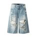Retro High Street Ripped Denim Capri Pants Loose Fit Summer 7/8 Length For Men And Women Trendy Cotton Mid Waist Black Blue_mkmklike.com