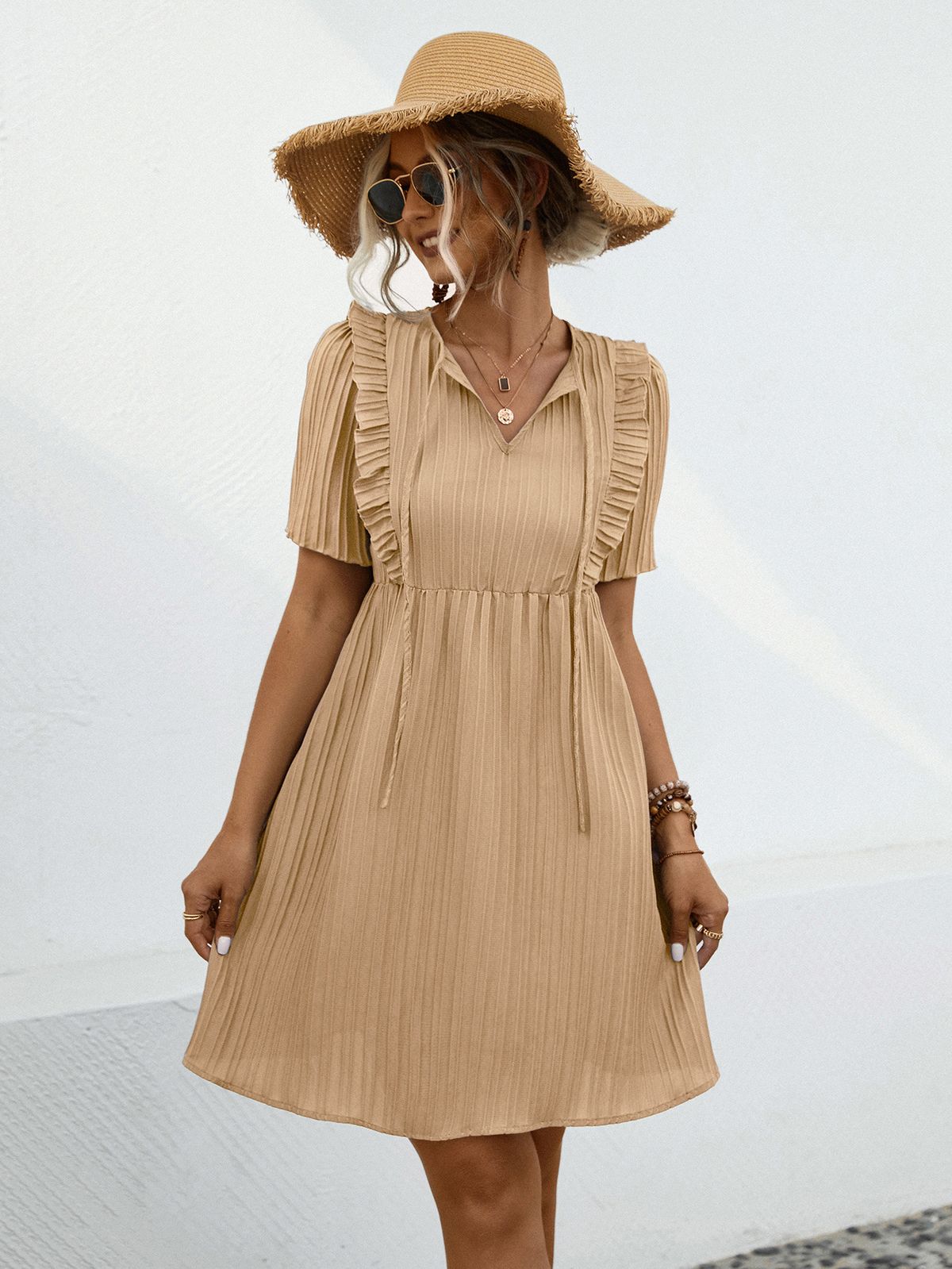 Women's V-neck Lotus Leaf Dress_mkmklike.com